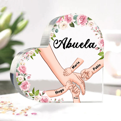 A mi mamá/abuela-Placa de acrílico en forma de corazón mano a mano con 1 texto y 4 nombres personalizados | Jessemade