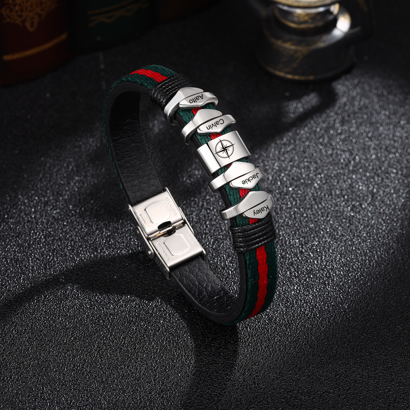 Pulsera 4 Nombres Personalizados de Cuero y Cuerda con Aros-Jessemade ES