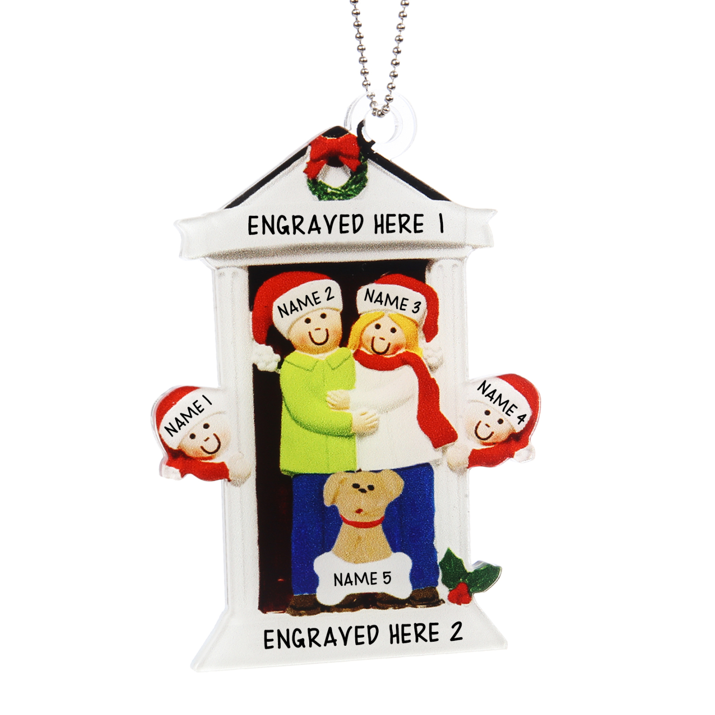 Navidad-Ornamentos Navideños de Acrílico Familia en Puerta con Perro 5 Nombres Personalizados con 2 Textos-Jessemade ES