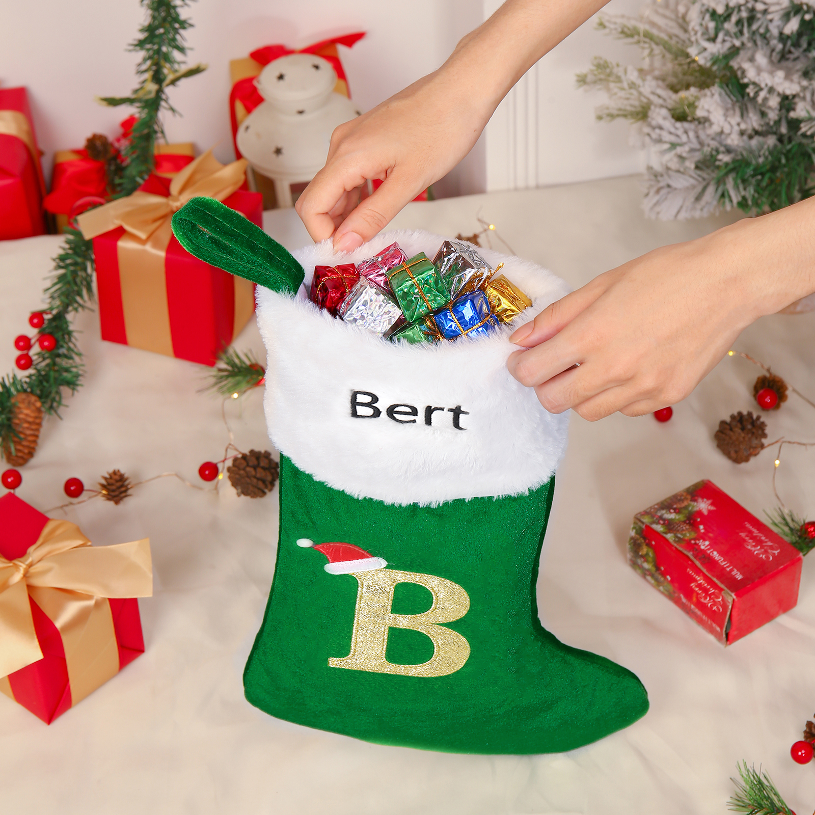 Adornos de medias navideñas con letra Bolsa de regalo 1 Nombre personalizado-Jessemade ES