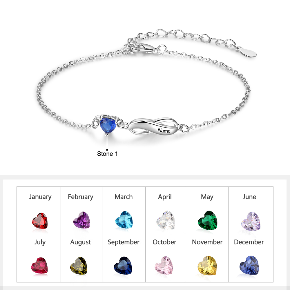 Pulsera "infinito" personalizada con 1 nombre y 1 piedra de nacimiento de corazón-Jessemade ES