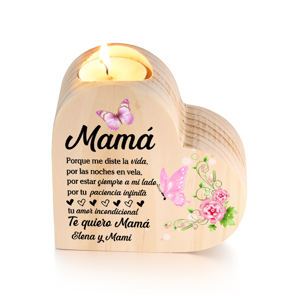 A mi mamá-Candelero con texto personalizado en forma de corazón de madera sin candela-Jessemade ES