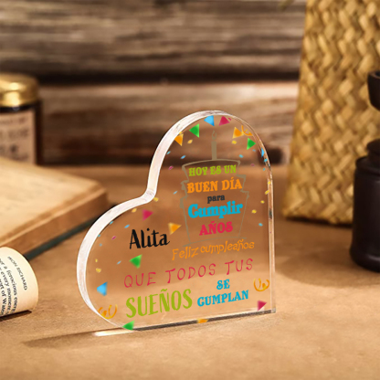 Cumpleaños-Placa de acrílico en forma de corazón con nombre personalizado-Jessemade ES