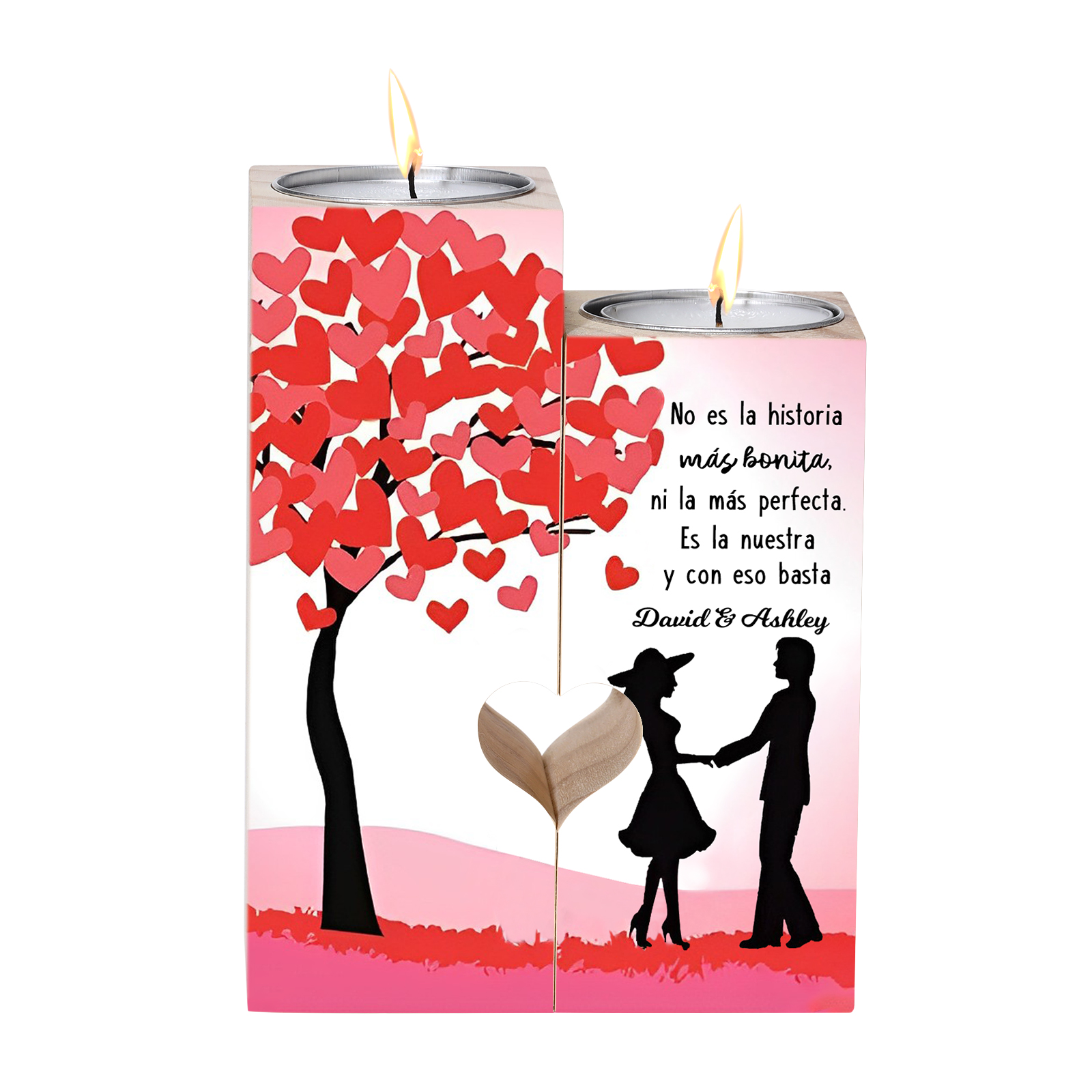 Candelero de siluetas de pareja de madera de dos piezas sin candela con 1 texto personalizado-Jessemade ES