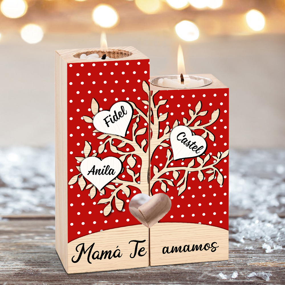 A la familia-Candelero de árbol de la vida de madera personalizado con 3-8 nombres y 1 texto sin vela-Jessemade ES