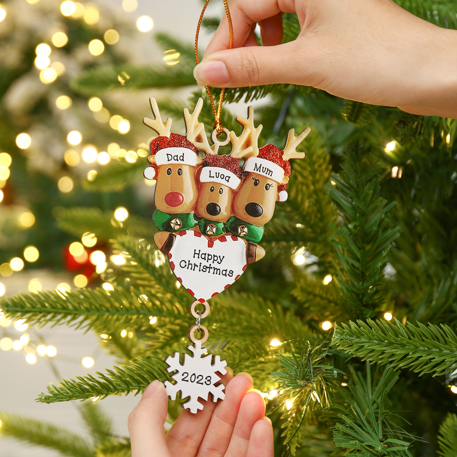 Navidad-Ornamentos Navideños de Madera Renos 3 Nombres con Texto y Año Personalizados