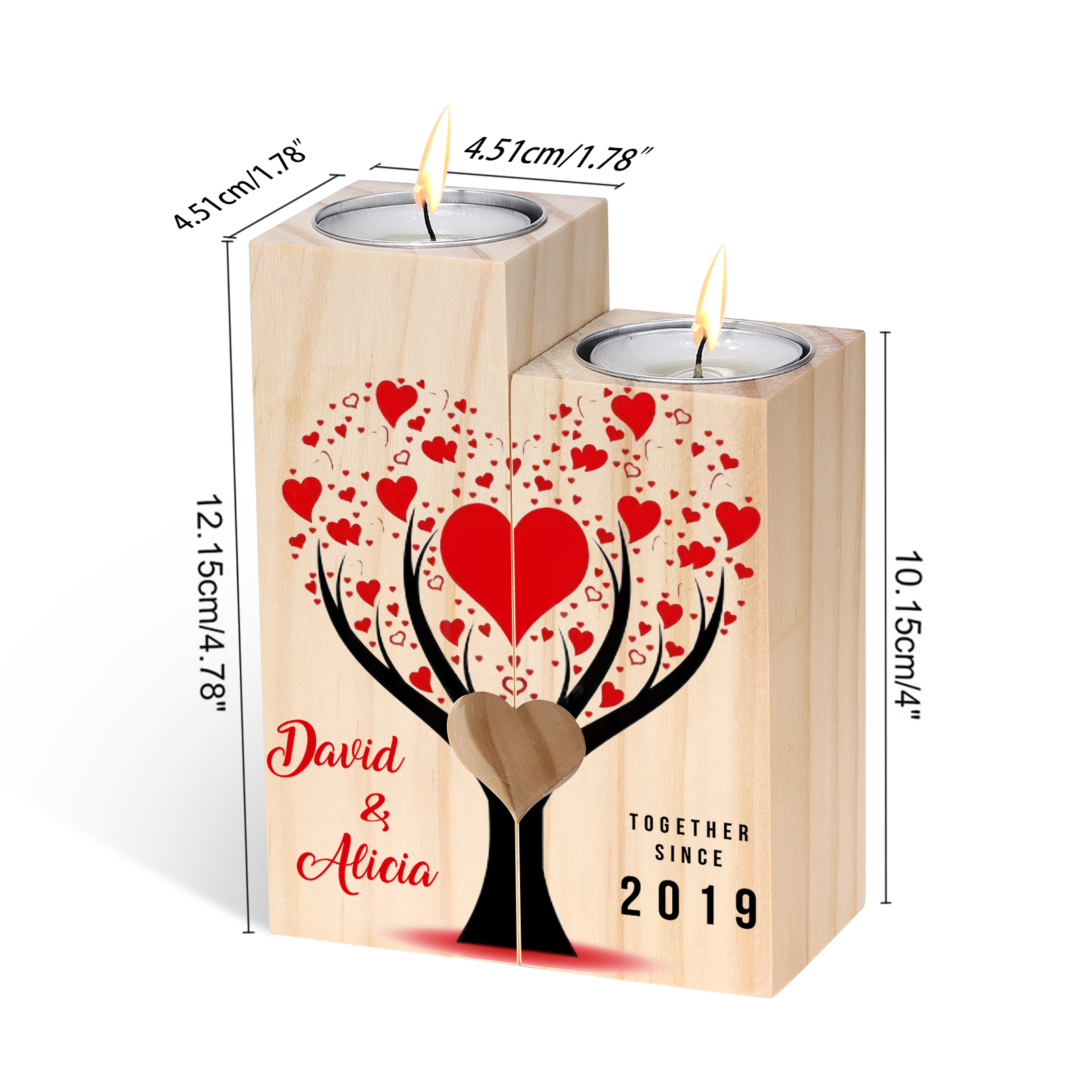 Candelero de árbol de amor para pareja de madera de dos piezas sin candela con 2 nombres y texto personalizados y año-Jessemade ES