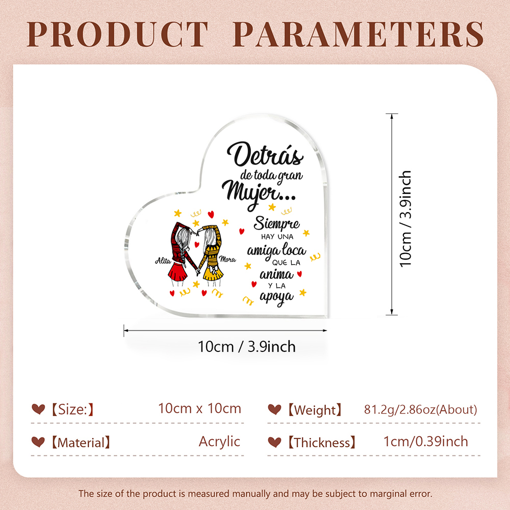 Placa de acrílico en forma de corazón para amiga con 2 nombres personalizados-Jessemade ES