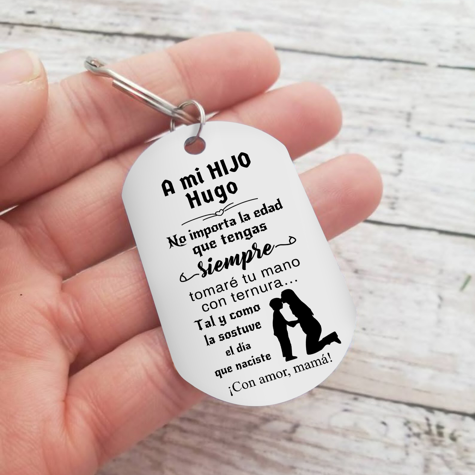 A mi hijo-Llavero de placa "siempre tomaré tu mano" de mamá personalizado con 1 nombre-Jessemade ES