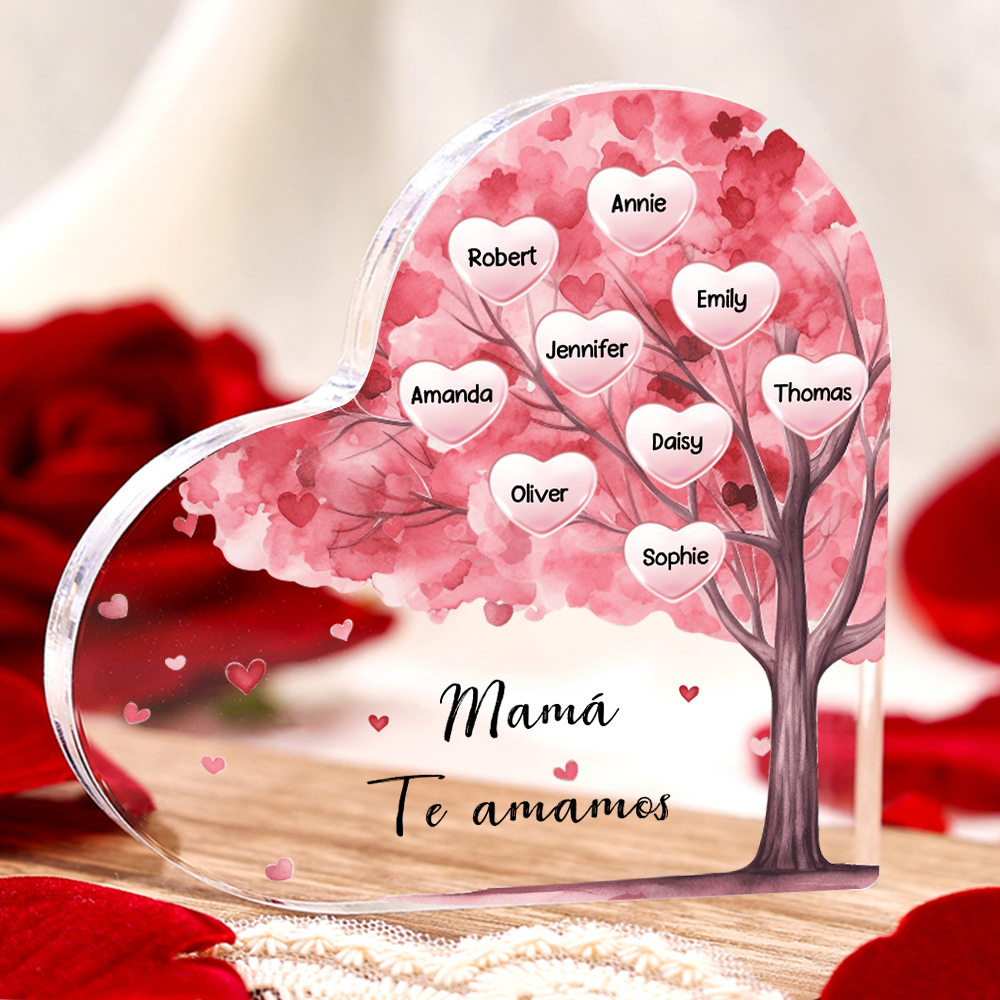 A mi mamá/abuela-Placa de acrílico "Árbol" en forma de corazón 9 nombres y 1 texto personalizados-Jessemade ES