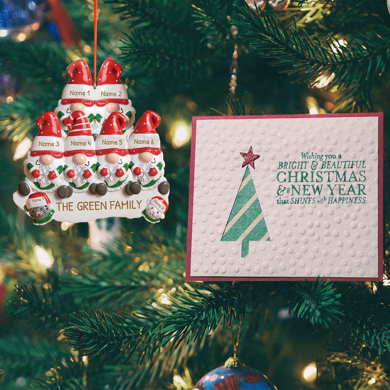 Navidad-Ornamento Navideño Familia de Dos con Gato 3 Nombres y Texto Personalizados Adorno de Madera