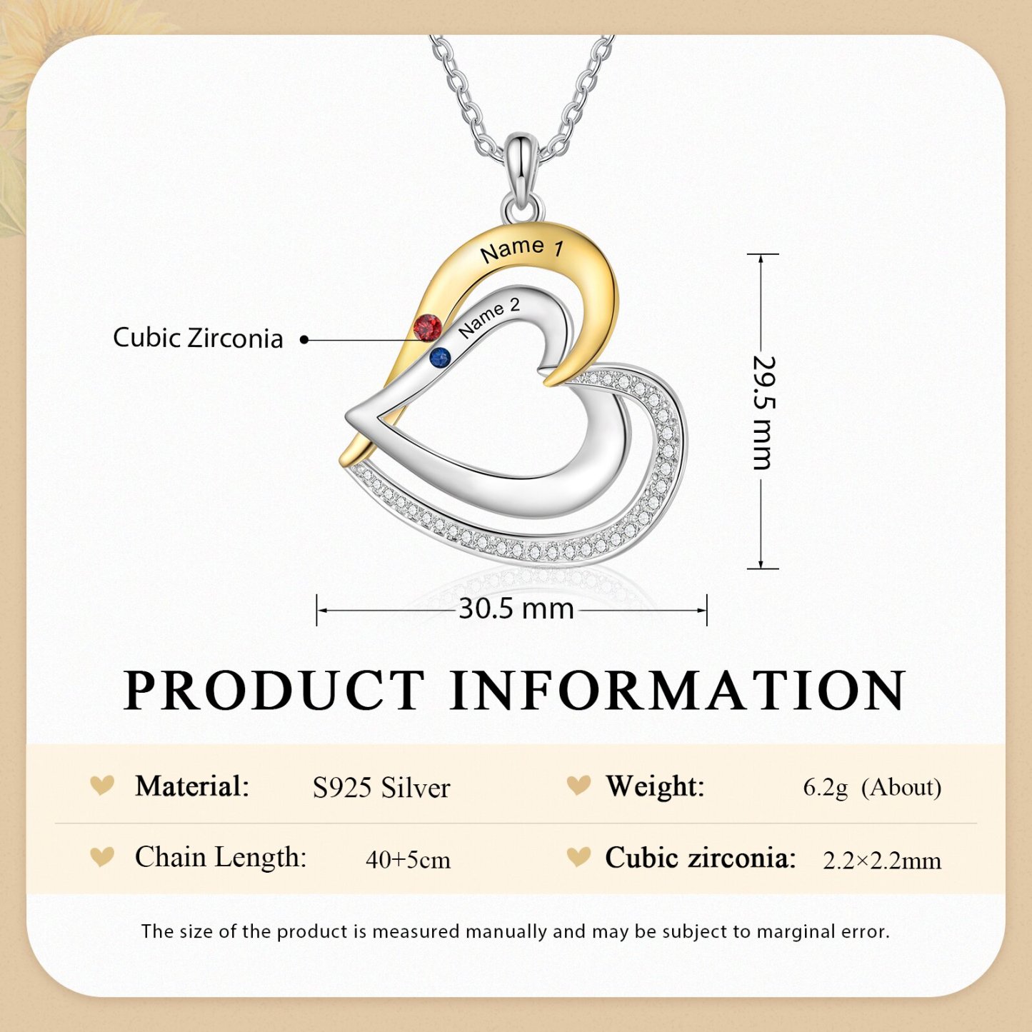Collar de corazón de plata 925 con 2 nombres y piedras de nacimiento personalizados-Jessemade ES