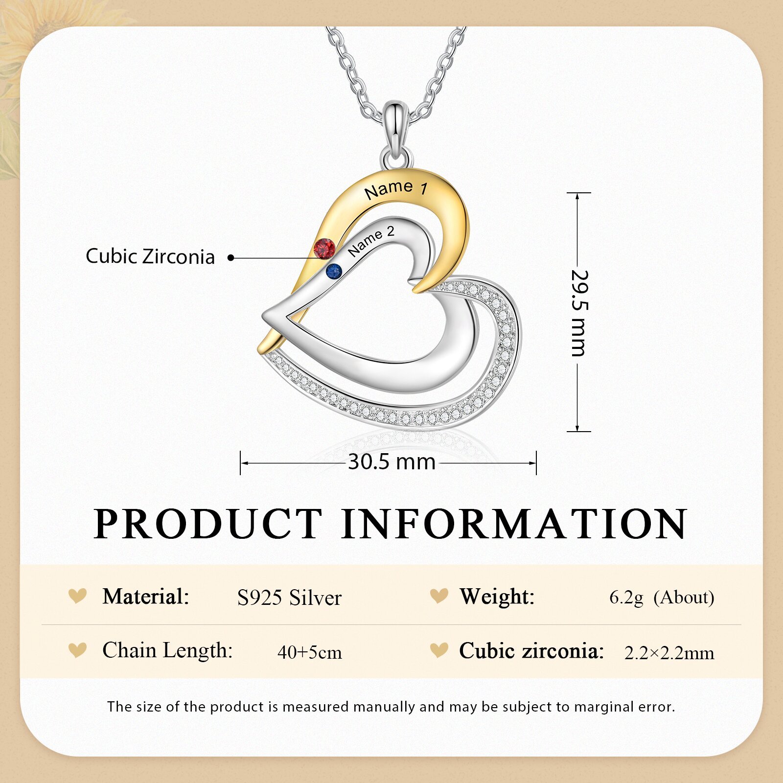 Collar de corazón de plata 925 con 2 nombres y piedras de nacimiento personalizados-Jessemade ES