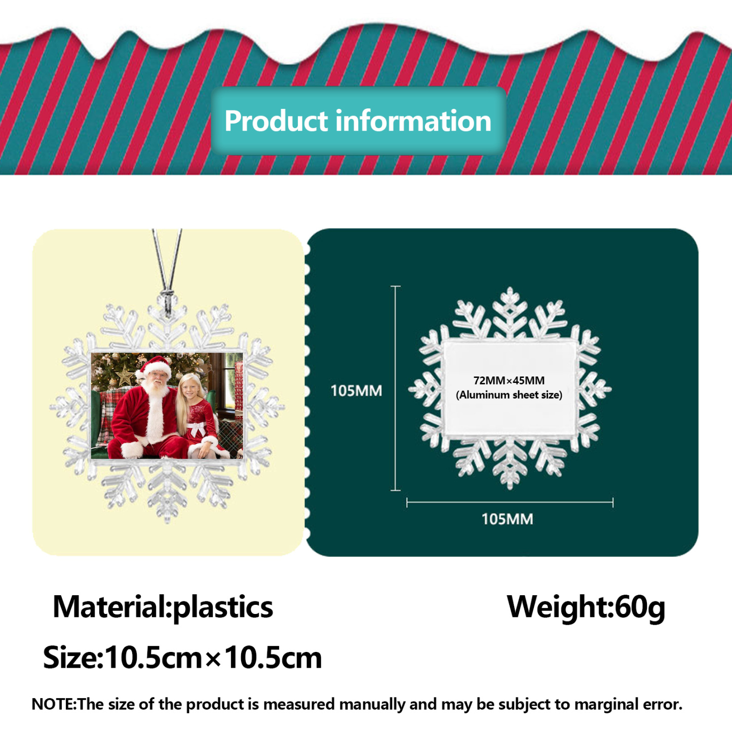 Navidad-Ornamento navideño copo de nieve con 1 foto personalizada adorno del árbol