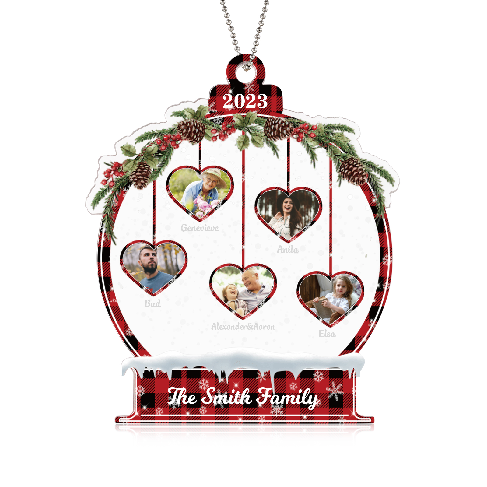 Navidad-Ornamento navideño de acrílico bola de cristal con 5 nombres, 5 fotos y 1 texto personalizados-Jessemade ES