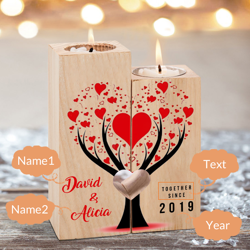 Candelero de árbol de amor para pareja de madera de dos piezas sin candela con 2 nombres y texto personalizados y año-Jessemade ES