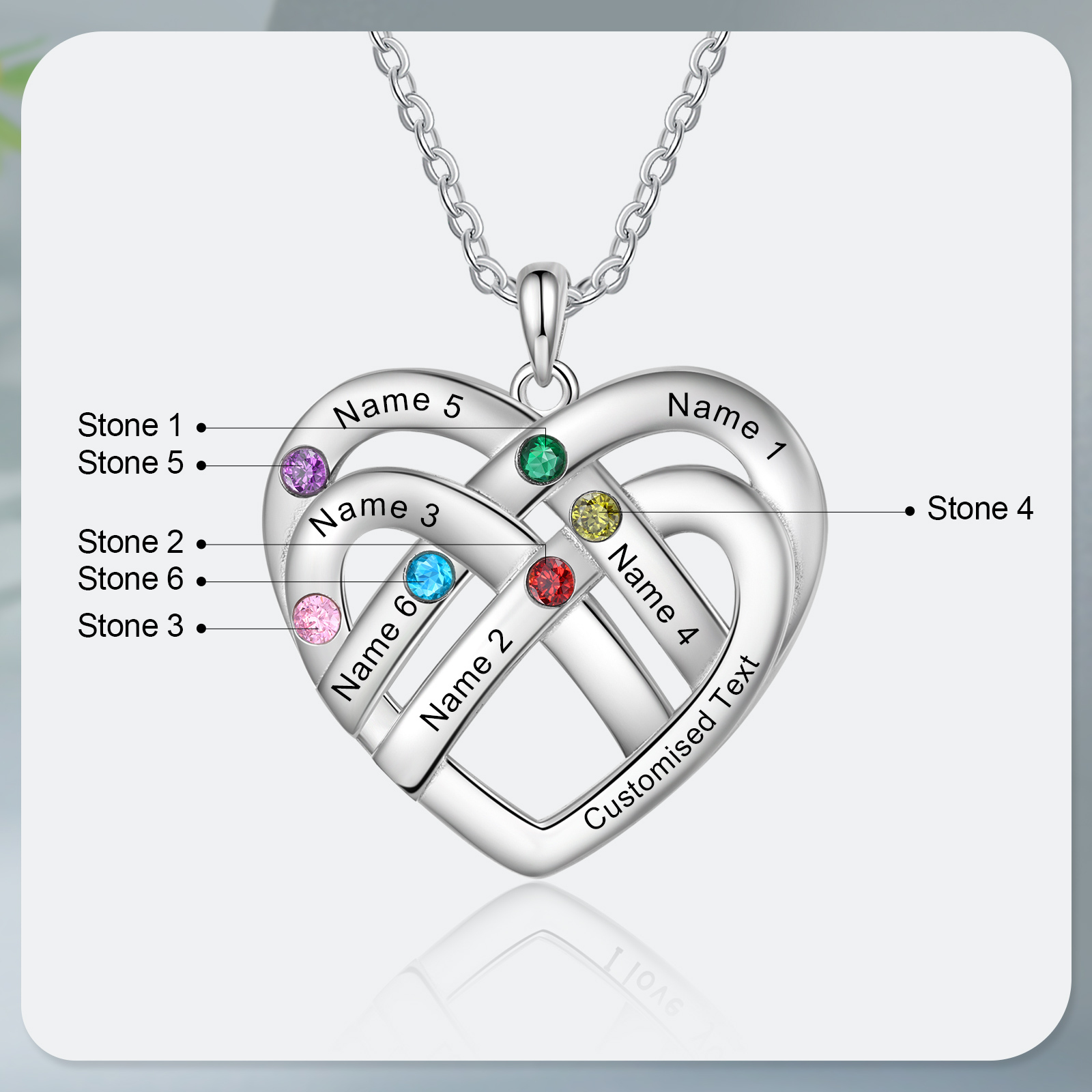 Collar de corazón con 6 nombres y piedras de nacimiento personalizados con texto-Jessemade ES