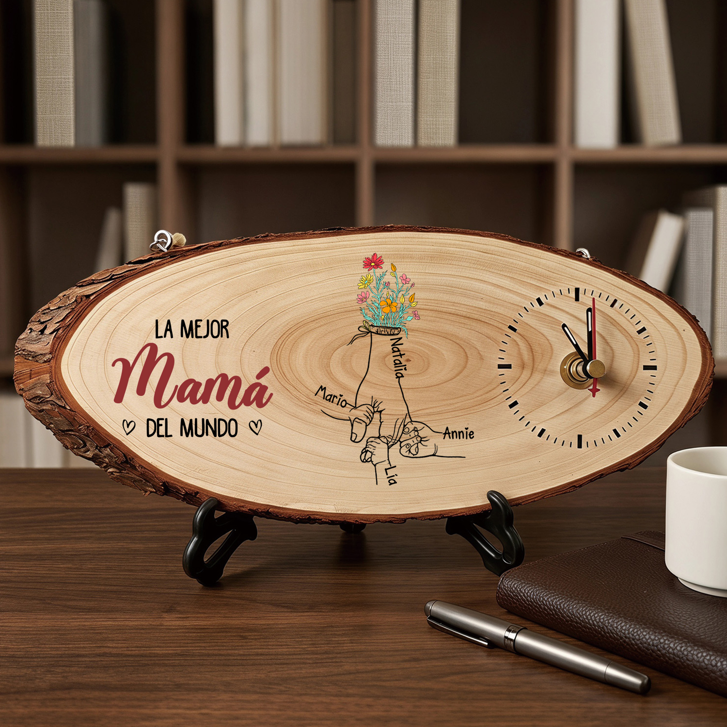 Reloj de Madera Personalizado « La Mejor Mamá/Abuela del Mundo » con 1 a 6 Nombres