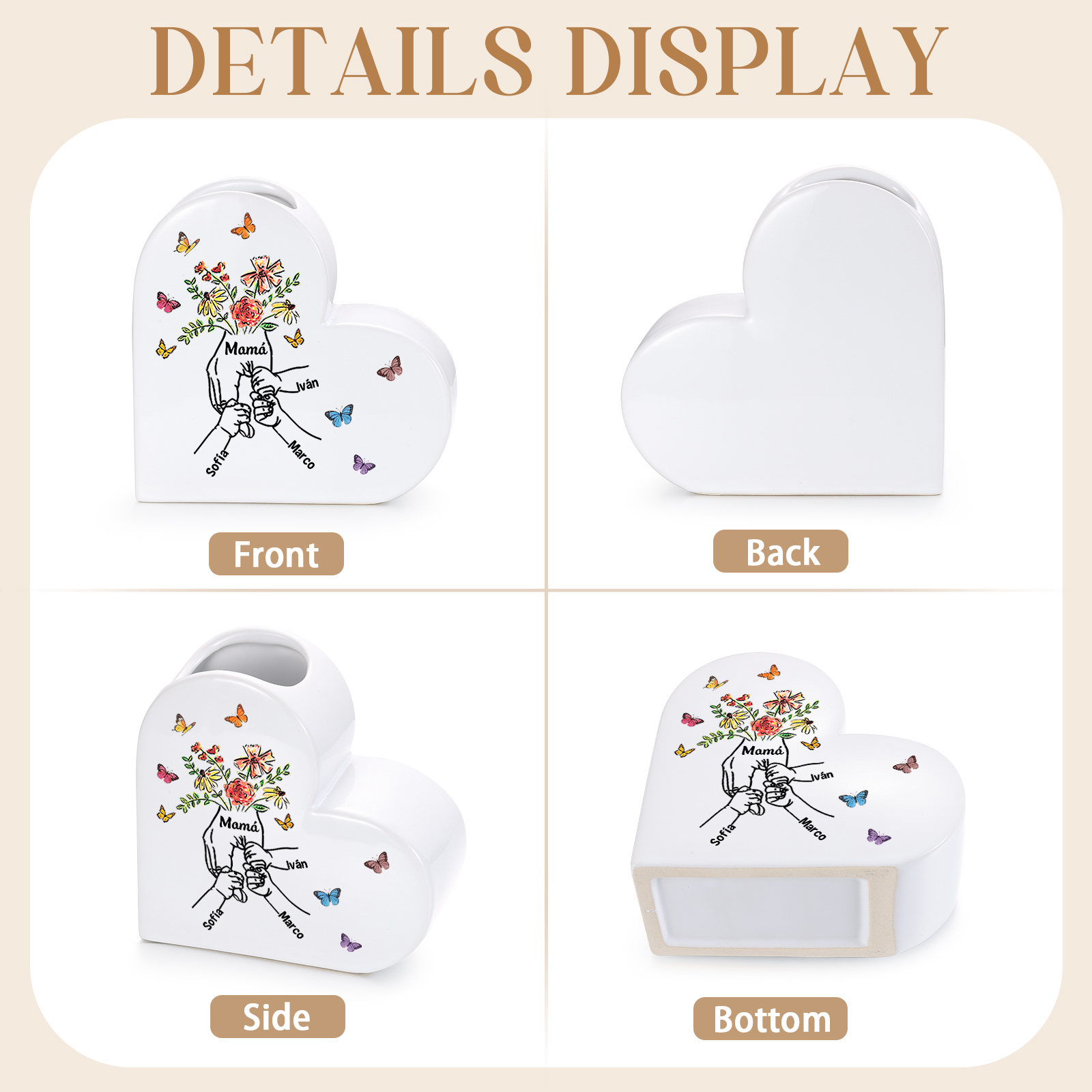 Jarrón corazón de cerámica personalizado (2–8 nombres), motivo «De la mano», regalo para mamá o abuela