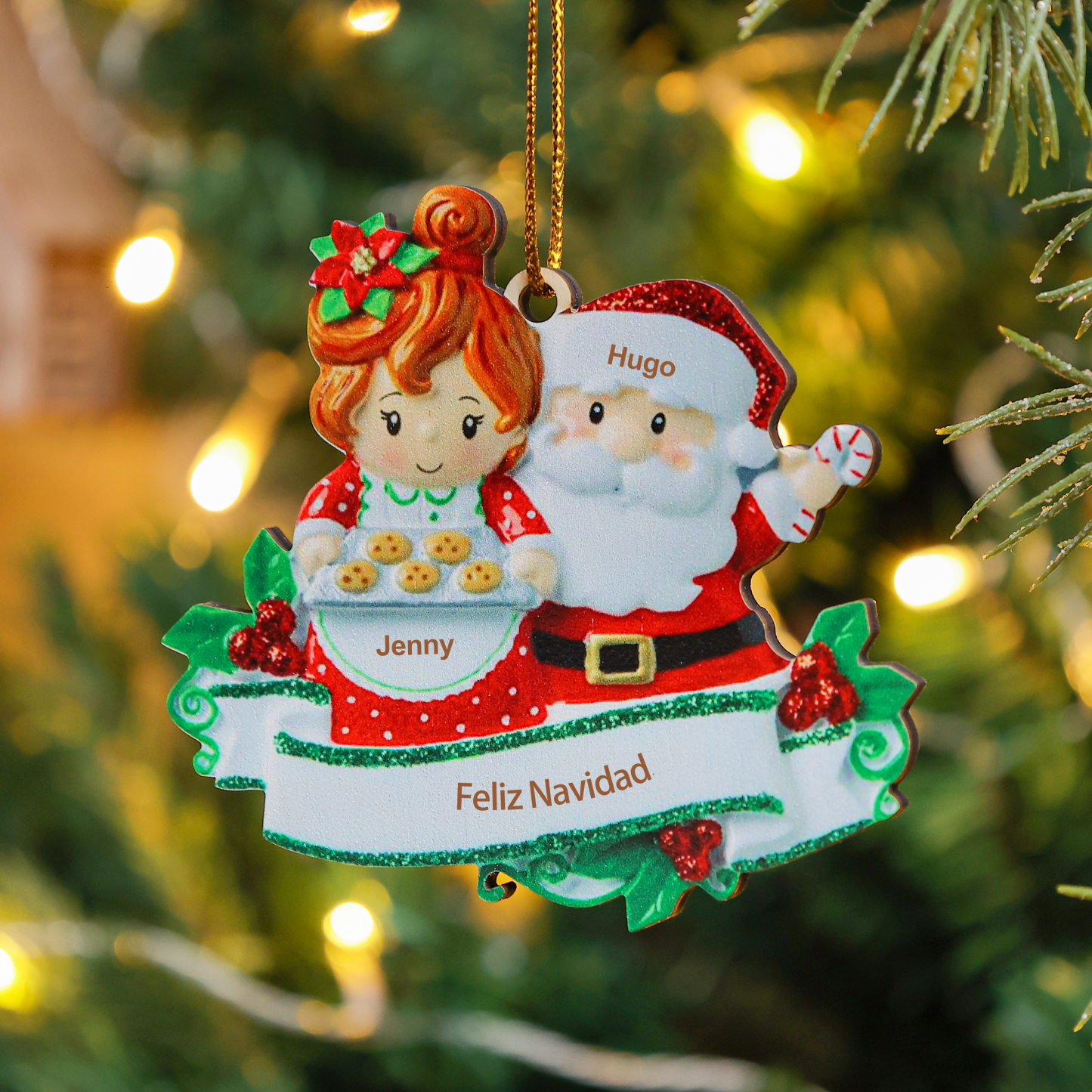 Navidad-Ornamentos Navideños de Madera Mamá y Papá Noel 2 Nombres Personalizados con Texto