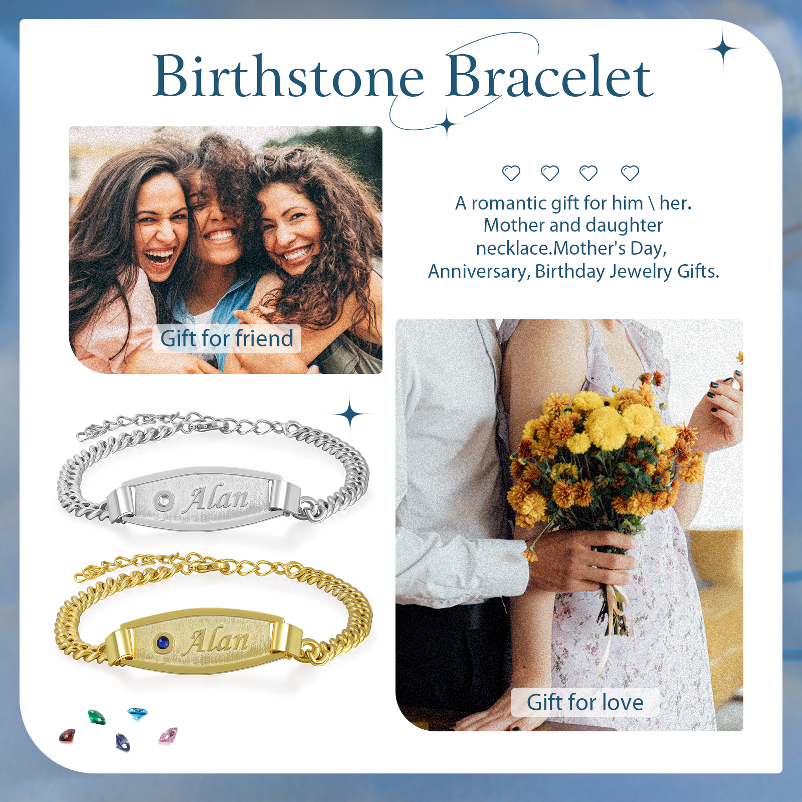 Pulseras de cadena para pareja con placa 2 nombres y 2 piedras personalizados-Jessemade ES