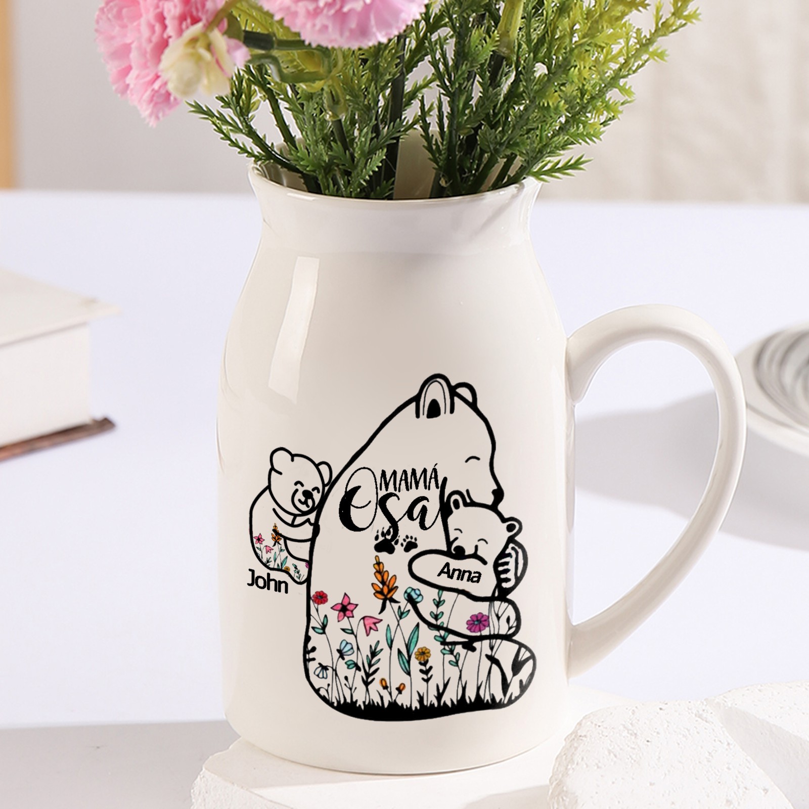 Florero de cerámica mamaosa y sus bebés 2-8 nombres personalizados con texto decoración del hogar-Jessemade ES