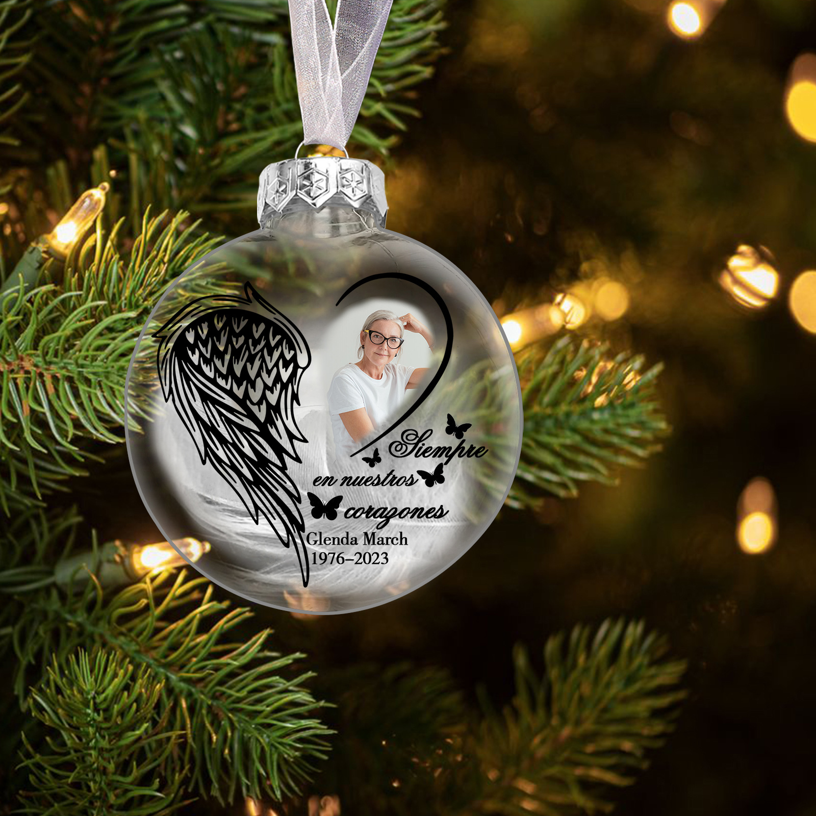 Bola navideña conmemorativa Adorno de Navidad 1 nombre, 1 foto y años personalizados con pluma -Jessemade ES