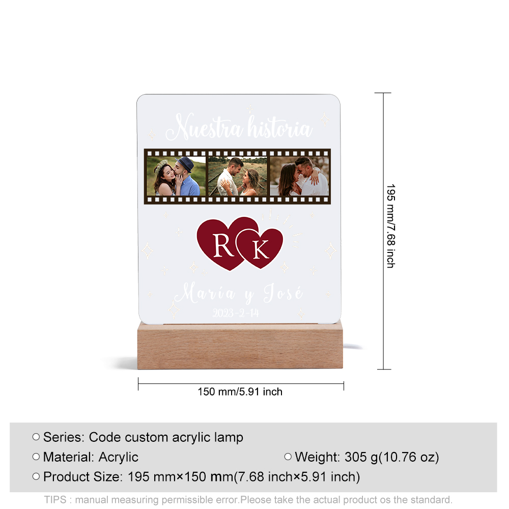 Lámpara para pareja 3D Ilusión Luz de Noche LED 2 letras, 2 textos, fecha y 3 fotos personalizados -Jessemade ES