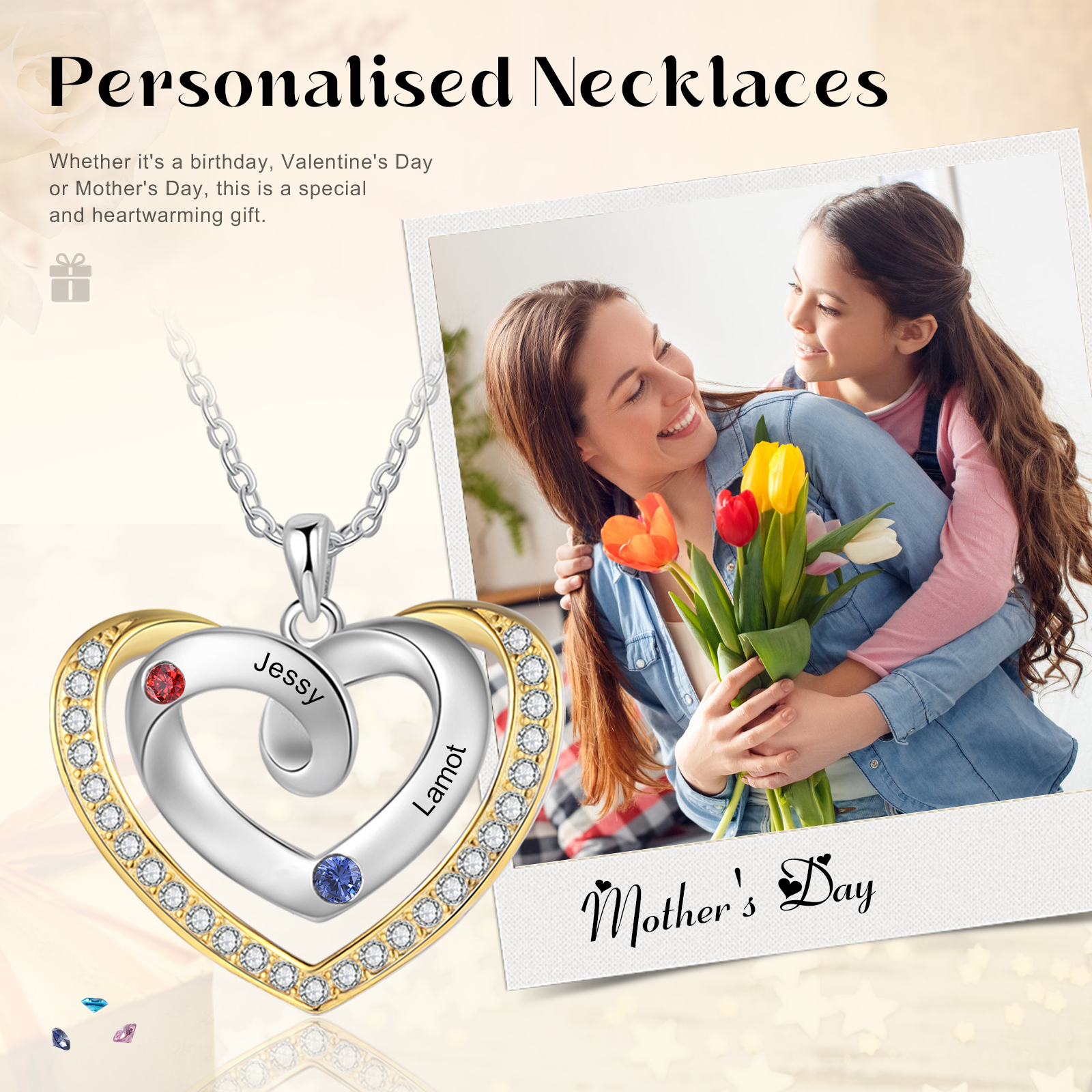 Collar de corazón con 2 nombres y piedras de nacimiento personalizados-Jessemade ES