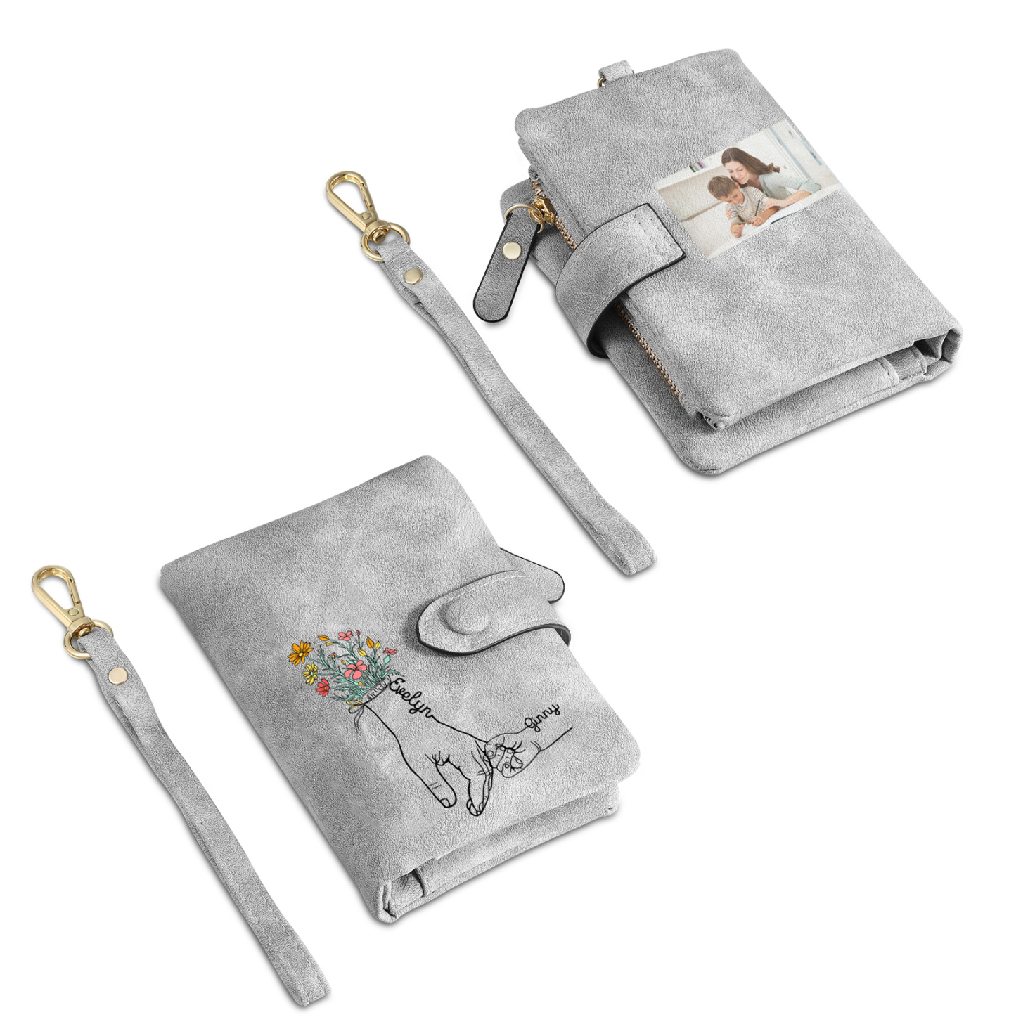 Cartera, billetera con 2 nombres y 1 foto personalizados mano con manito monedero clásico para mujer-Jessemade ES