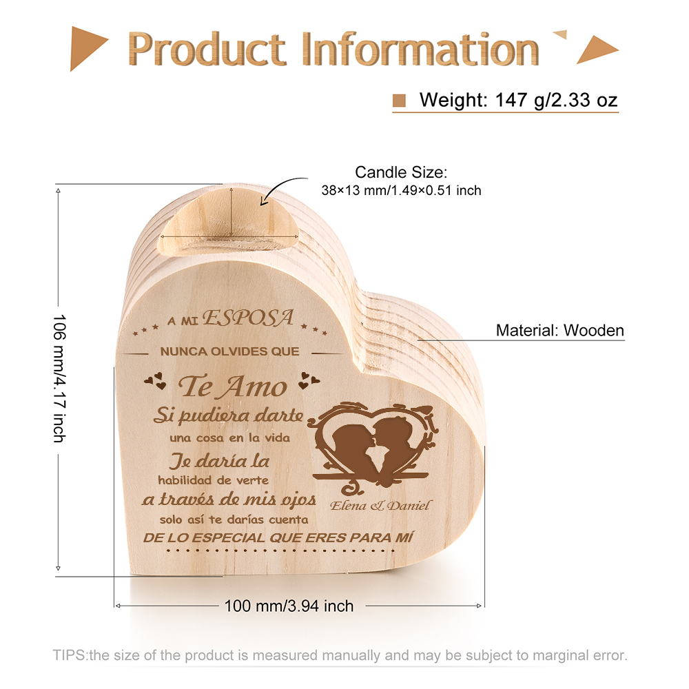 A mi esposa-Candelero de madera para pareja sin vela personalizado con 2 nombres-Jessemade ES