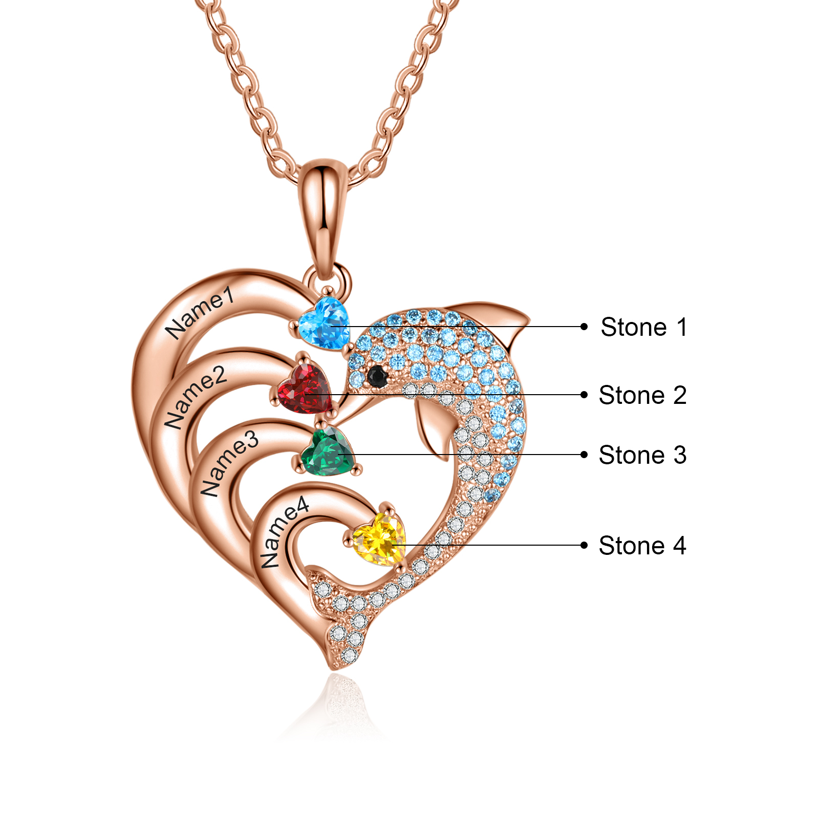 Collar para mujer en corazón delfín 4 nombres y 4 piedras de nacimiento personalizados