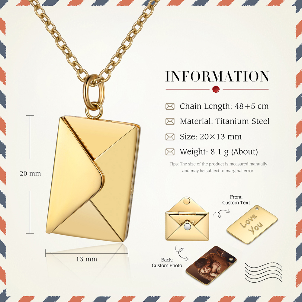 Collar con colgante de sobre con hoja de 1 texto y 1 foto personalizados