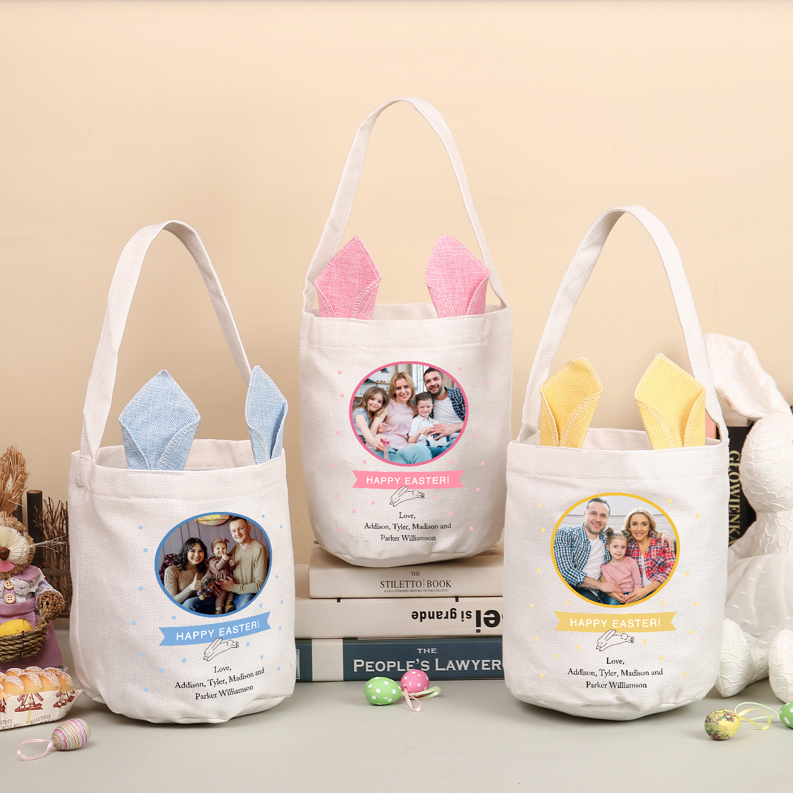 Pascua-Bolsa de conejo con 2 textos y 1 foto personalizados-Jessemade ES