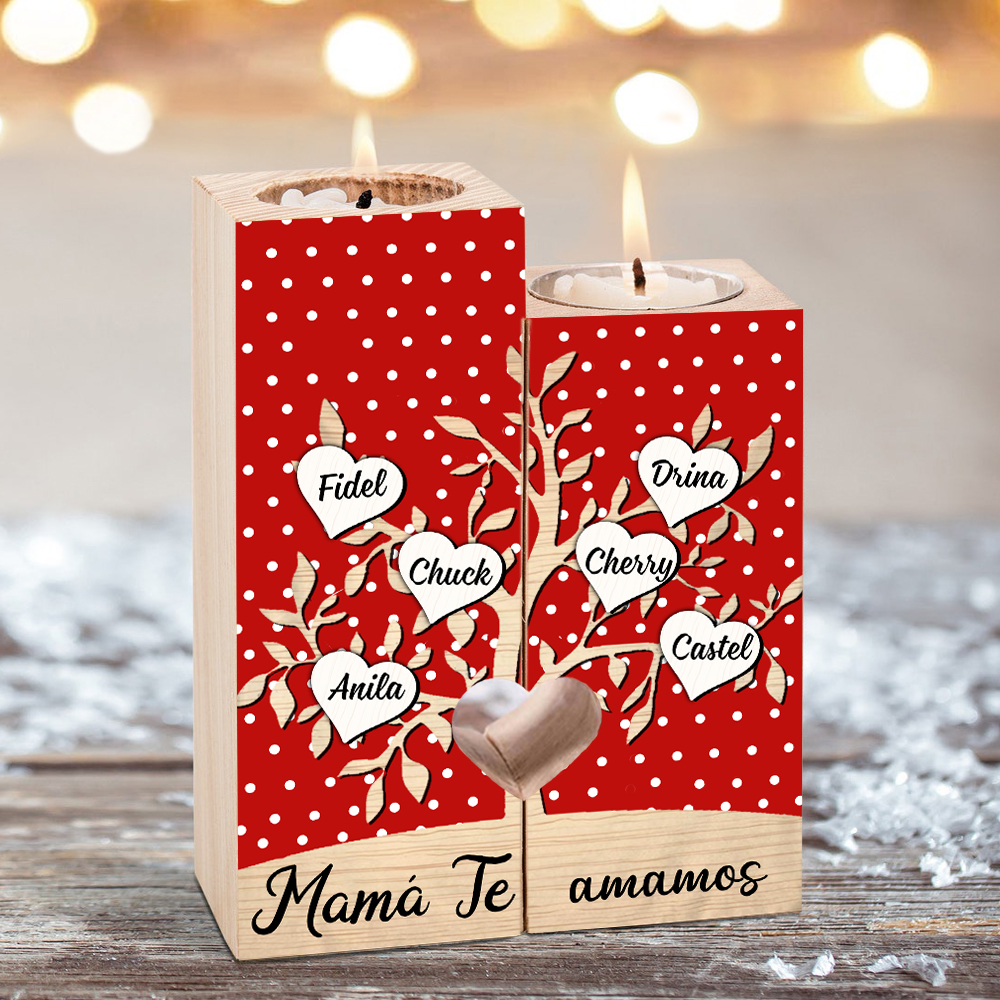 A la familia-Candelero de árbol de la vida de madera personalizado con 3-8 nombres y 1 texto sin vela-Jessemade ES