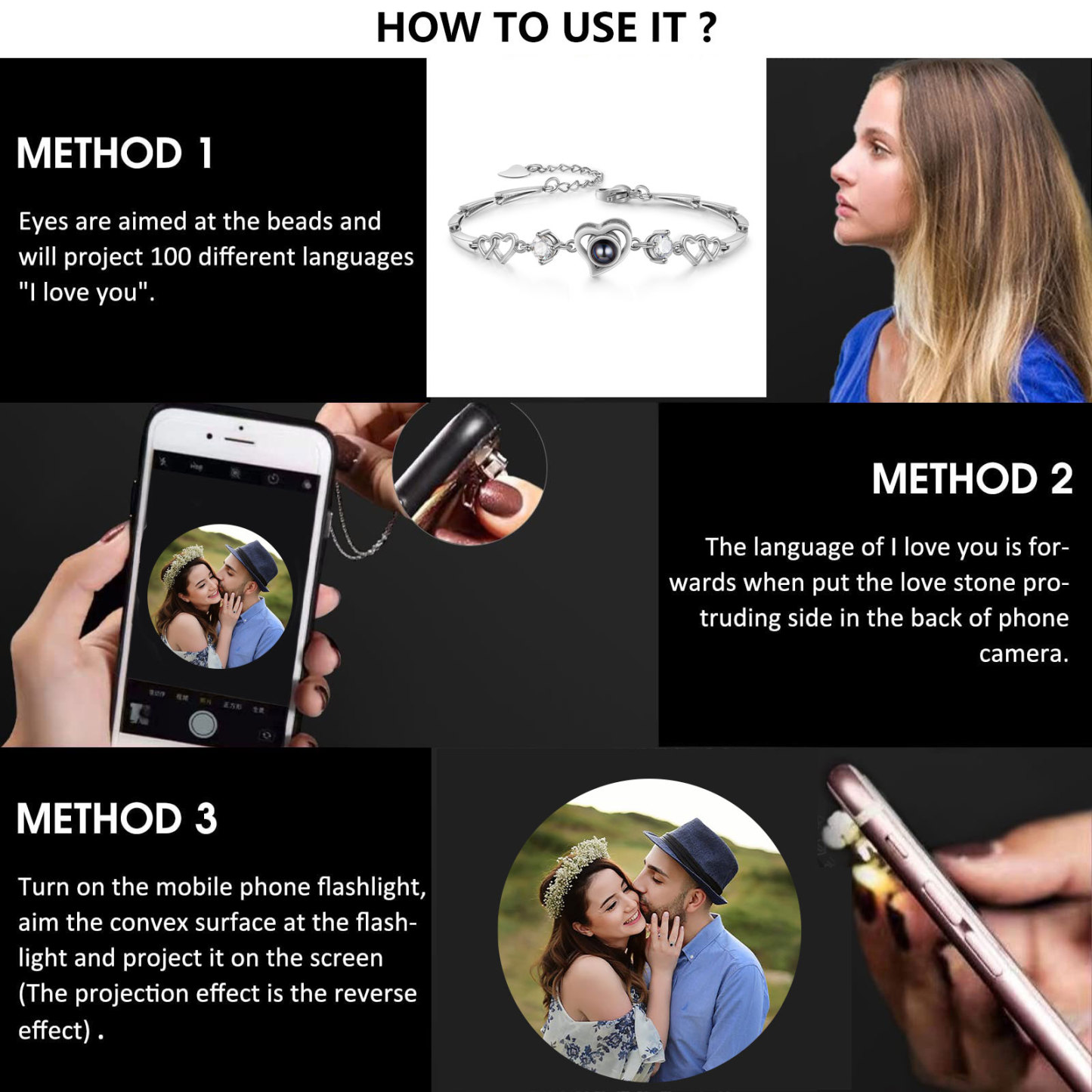 Pulsera con dije de corazón con proyección de foto en color para mujer, Brazalete de proyección-Jessemade ES