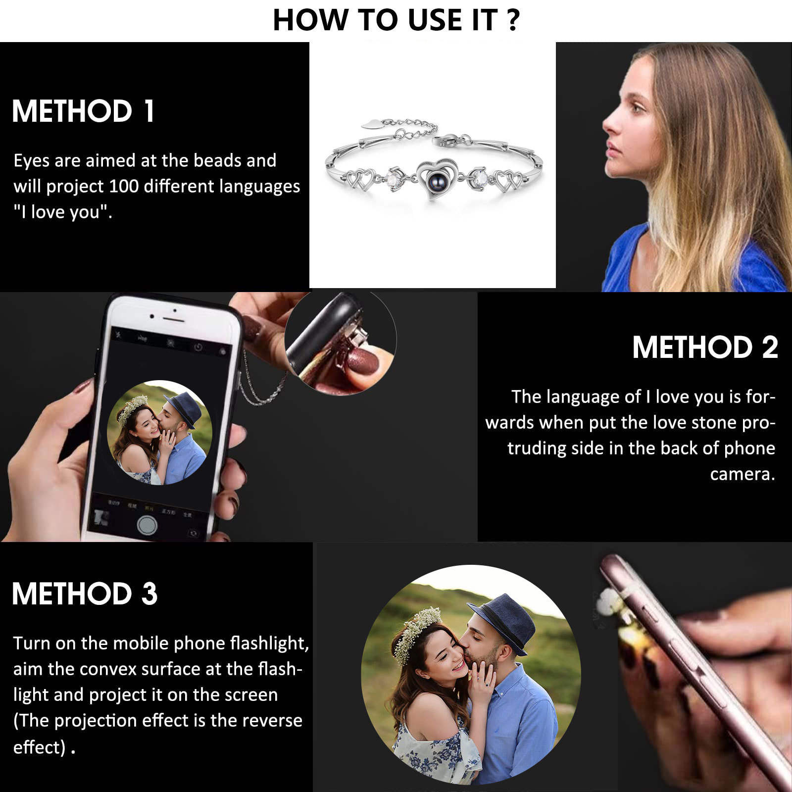 Pulsera con dije de corazón con proyección de foto en color para mujer, Brazalete de proyección-Jessemade ES