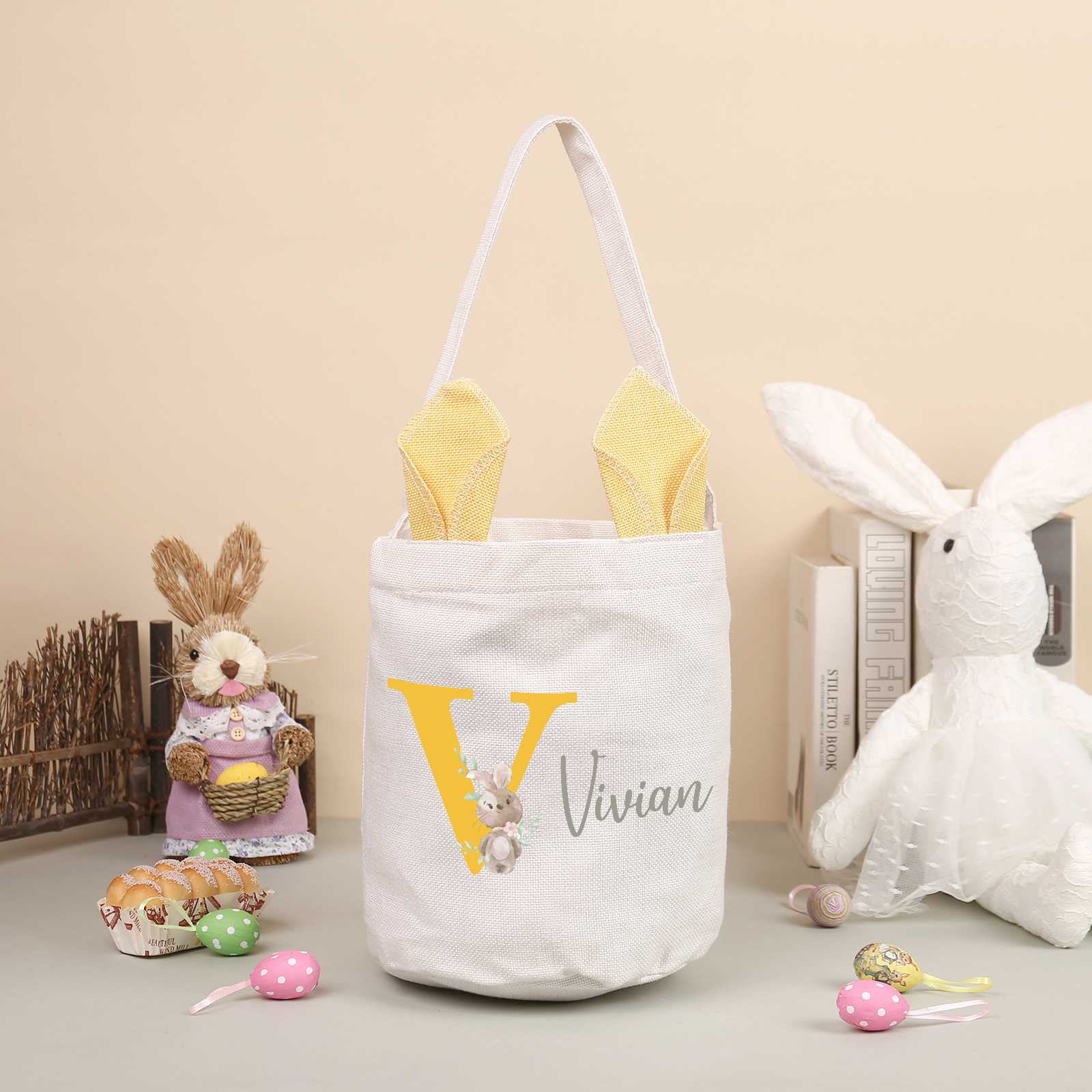 Pascua-Bolsa de conejo con 1 nombre y 1 letra personalizados-Jessemade ES