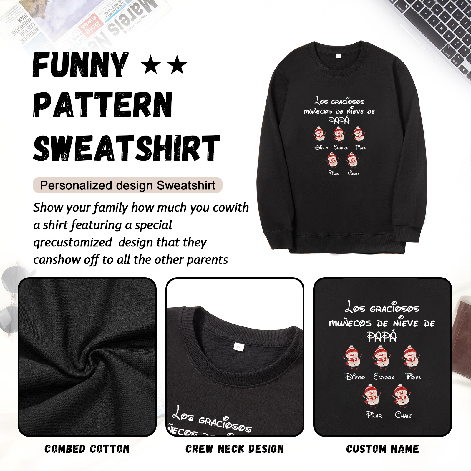 Familia-Sudadera "Muñecos de nieve" 6 nombres personalizados-Jessemade ES