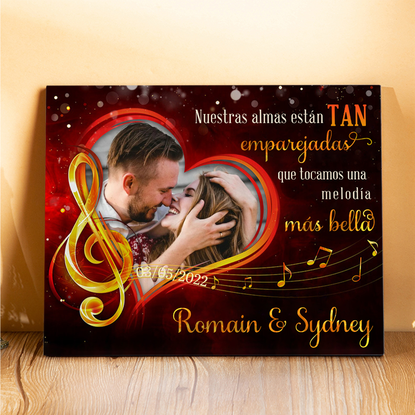 Lámina melodía marco de madera para pareja personalizado con 2 nombres, fecha y foto-Jessemade ES