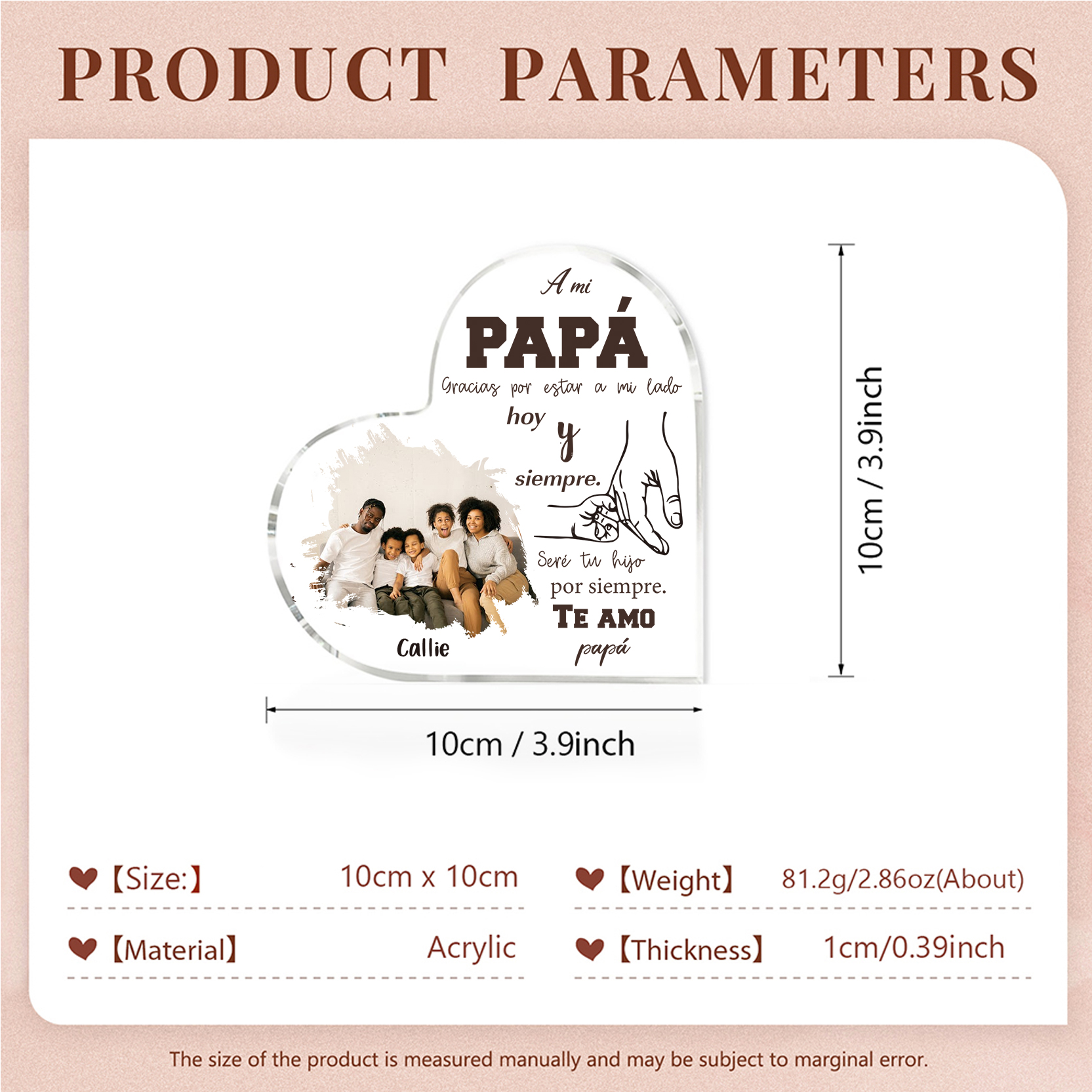 A mi papá-Placa de acrílico en forma de corazón papá e hijo con 1 nombre y 1 foto personalizados-Jessemade ES