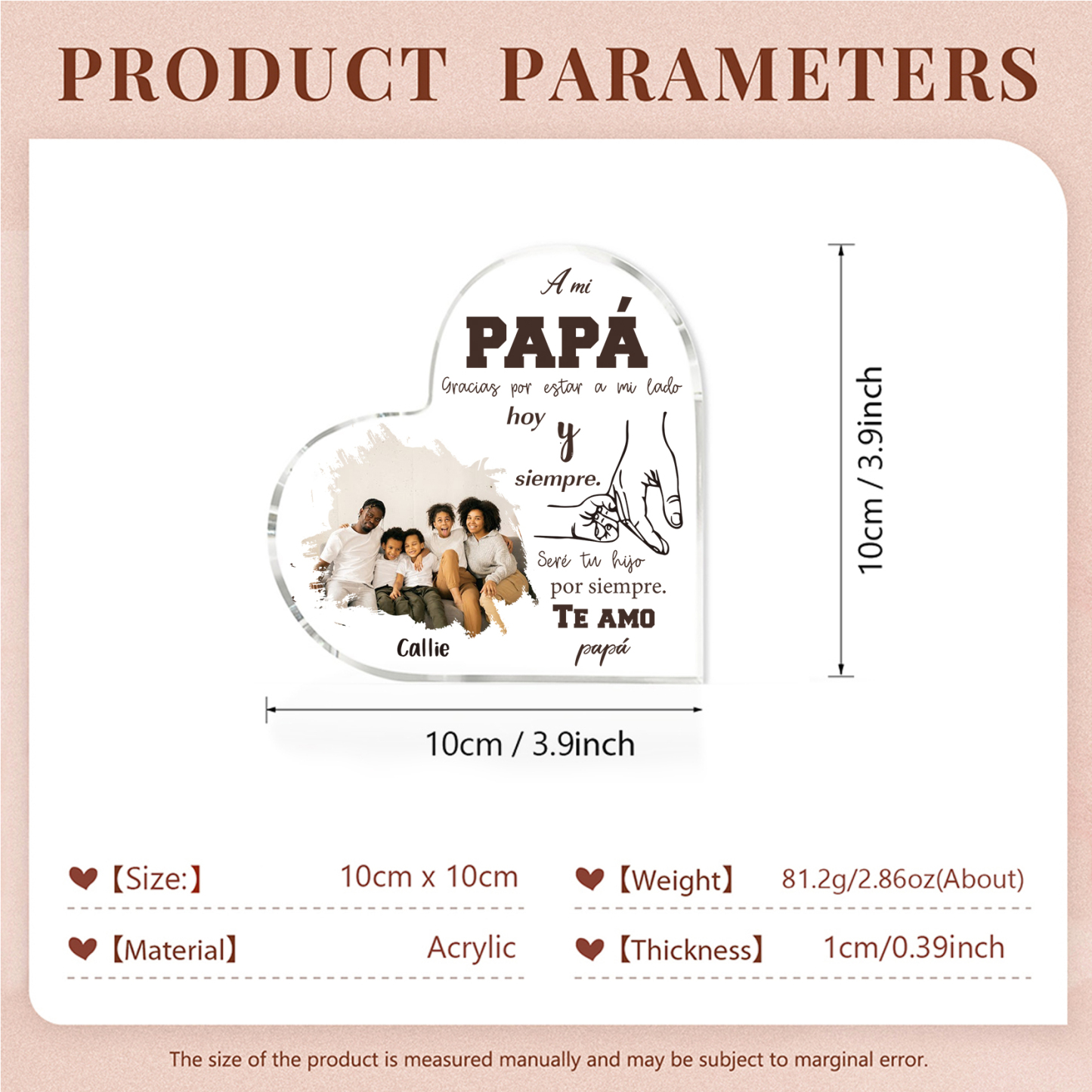 A mi papá-Placa de acrílico en forma de corazón papá e hijo con 1 nombre y 1 foto personalizados-Jessemade ES