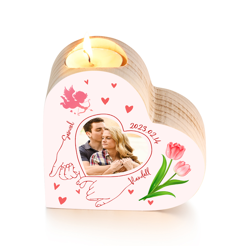 Candelero de madera para pareja con foto sin vela personalizado con nombres y fecha-Jessemade ES
