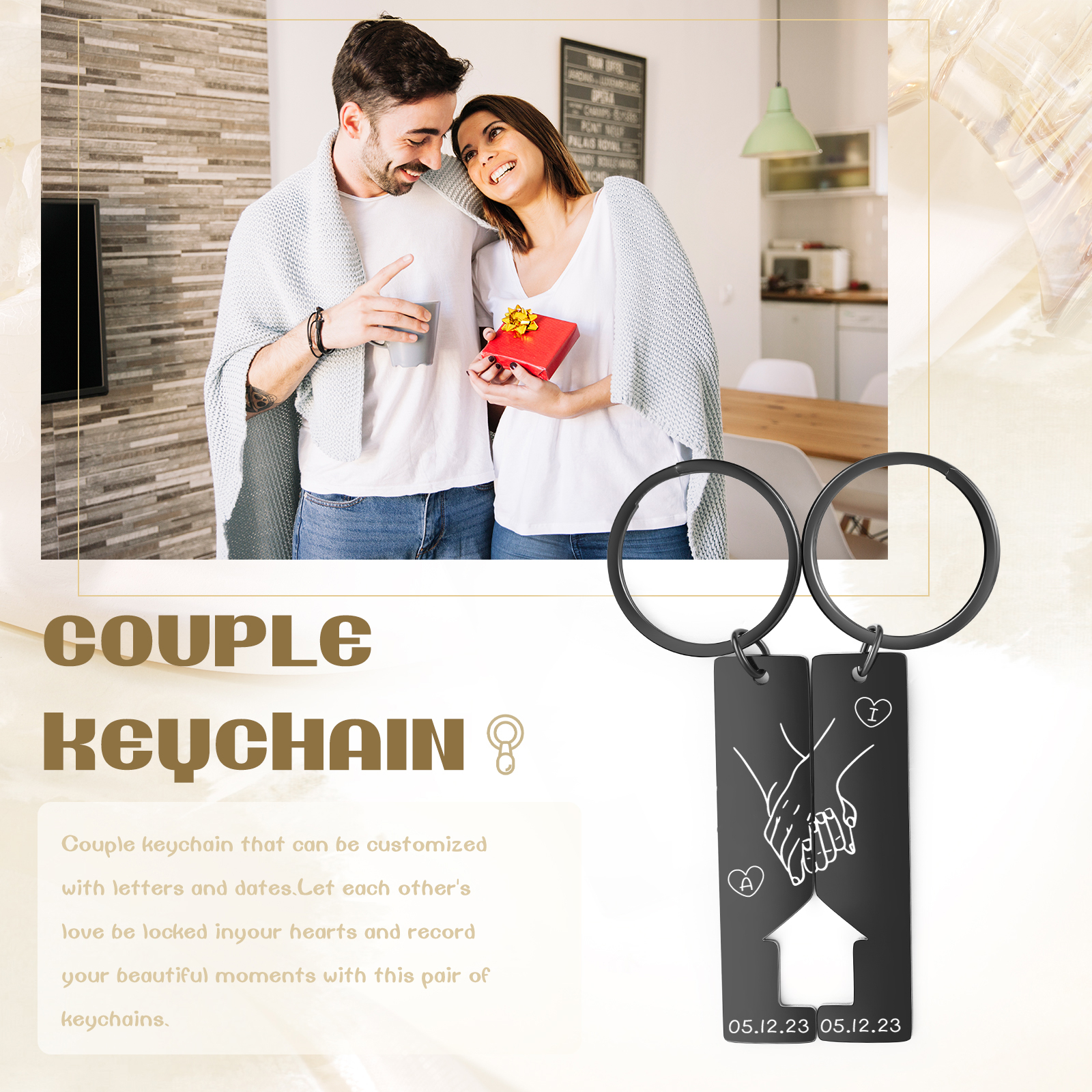 Llavero con casa encajada para pareja manos cogidas 2 letras personalizadas con fecha-Jessemade ES