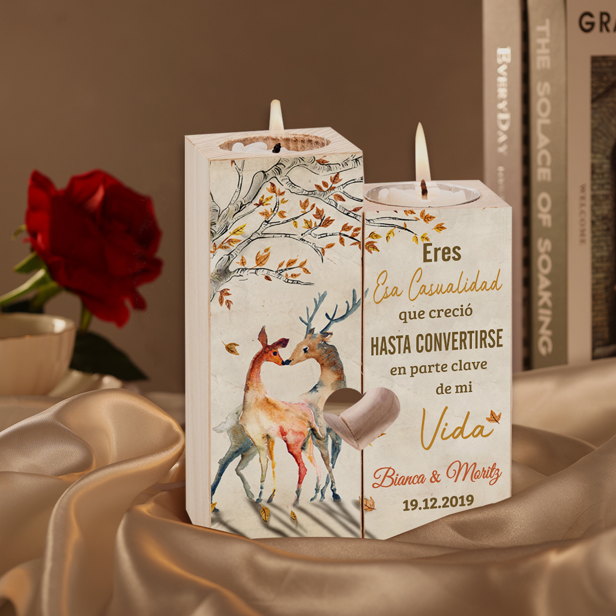 Candelero para pareja de madera de dos piezas sin candela con texto y fecha personalizados-Jessemade ES