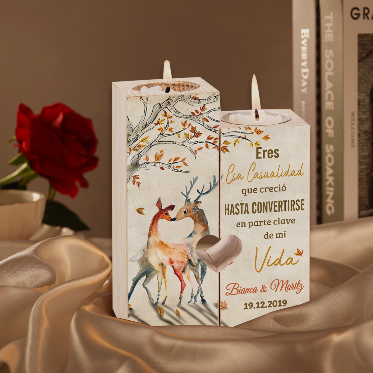 Candelero para pareja de madera de dos piezas sin candela con texto y fecha personalizados-Jessemade ES