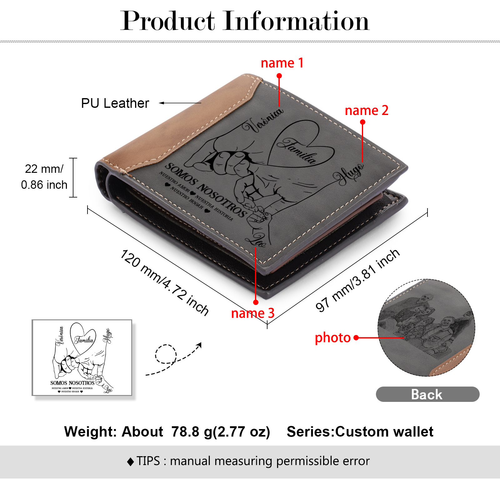 Cartera, billetera clásica 2-6 nombres personalizados mano a mano para hombre monedero-Jessemade ES