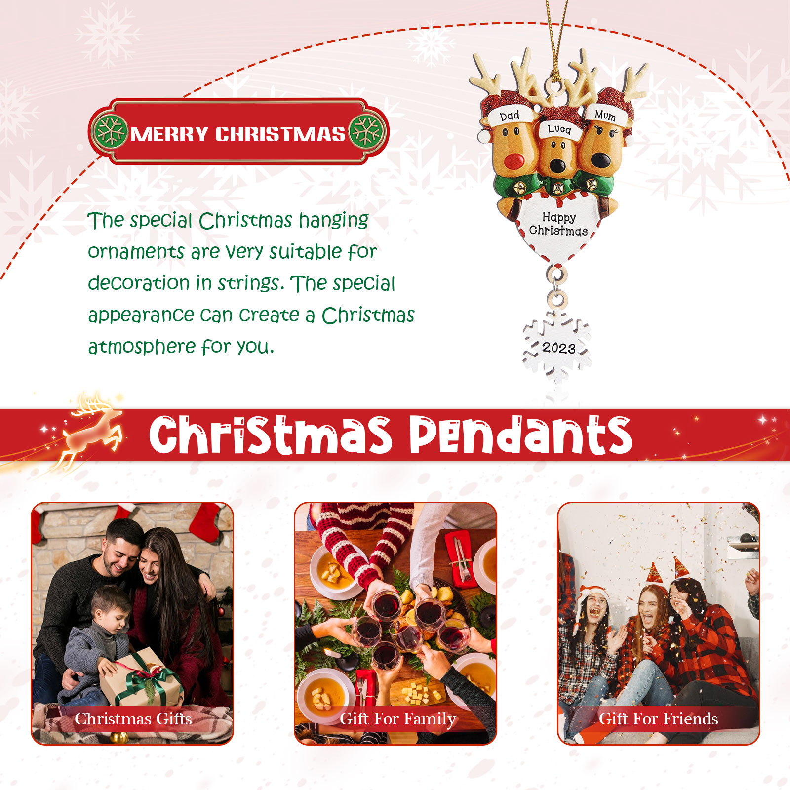 Navidad-Ornamentos Navideños de Madera Renos 3 Nombres con Texto y Año Personalizados