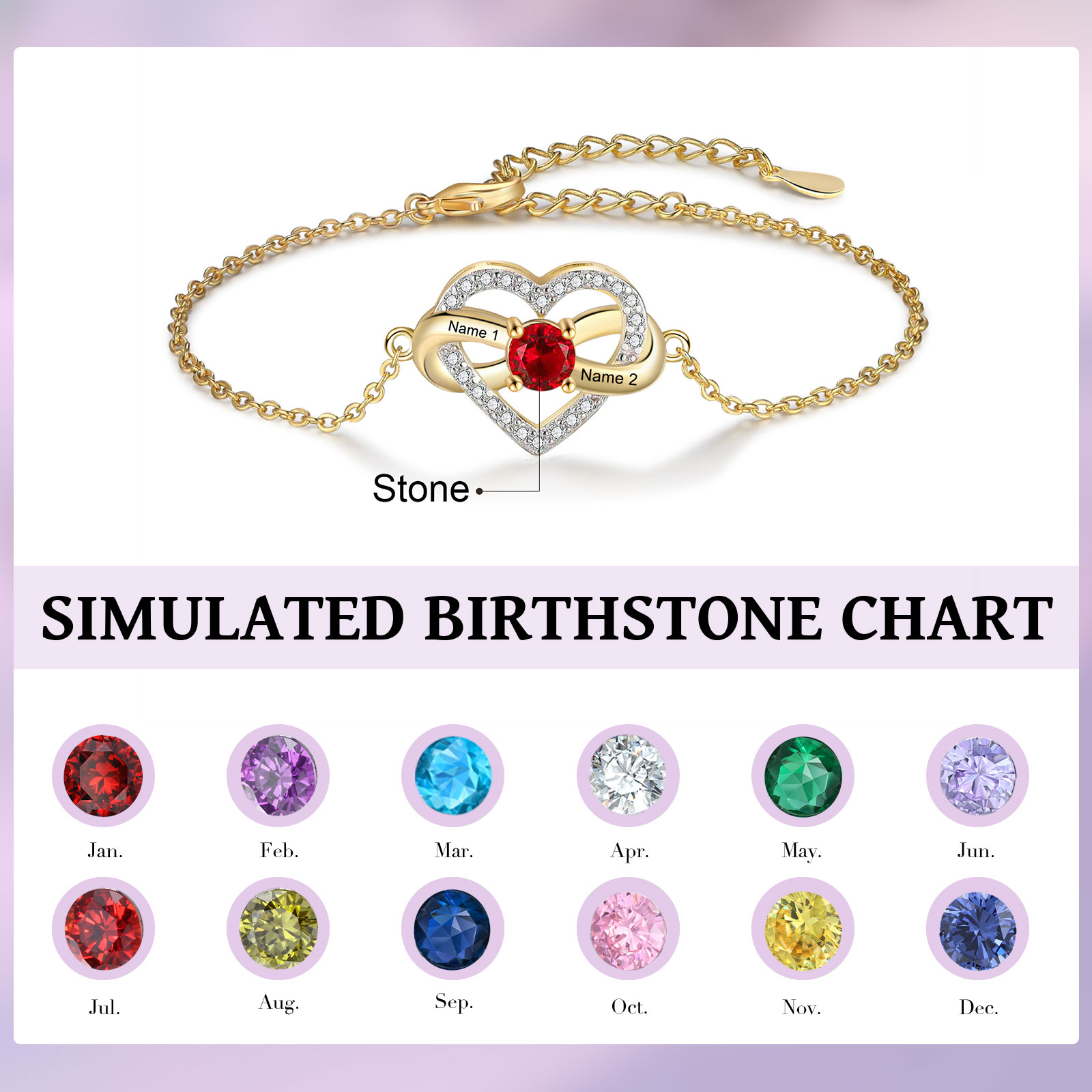 Pulsera de corazón para mujer personalizada con 2 nombres y 1 piedra de nacimiento-Jessemade ES