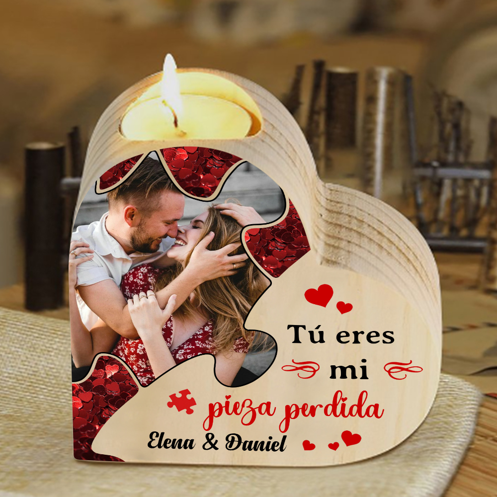 Candelero de madera para pareja con foto sin vela personalizado con 2 nombres-Jessemade ES